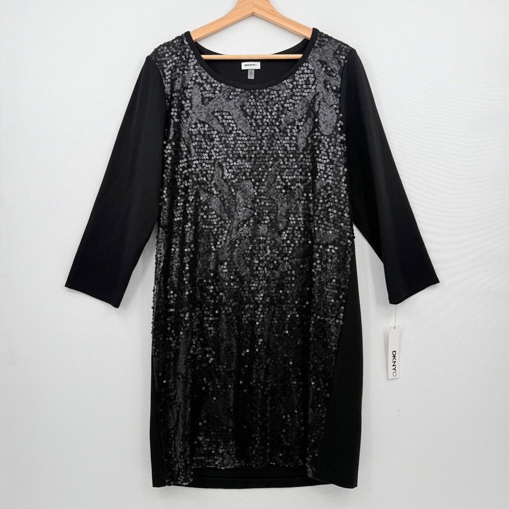 DKNYC Sequin Shift Dress Women XL Black Glam Party Cocktail Chic Holiday NEW